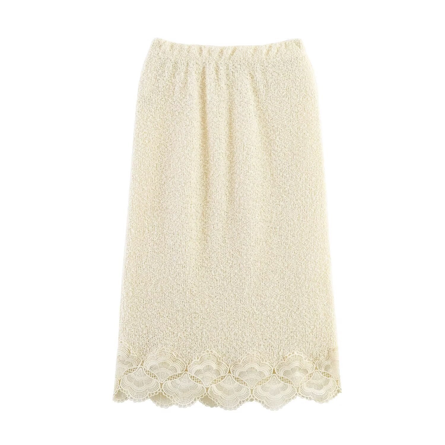 Women Boucle Knit Sweater with Lace Trim and Wavy Hem Chichicherry
