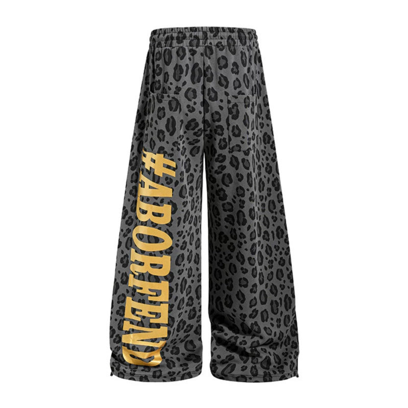 Women's Wide Palazzo Sweatpants in Leopard Print with High Comfort Waistband, Drawstring and Golden Statement Print Chichicherry