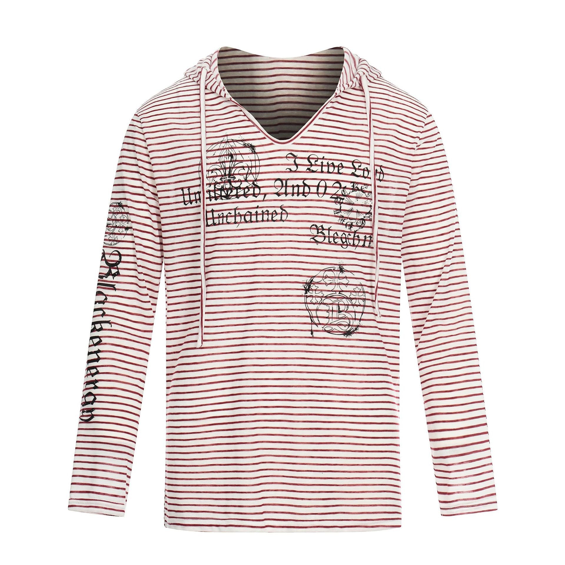 Women's Lightweight Hooded Long Sleeve with V-Neck, Striped Pattern and Vintage Print Chichicherry