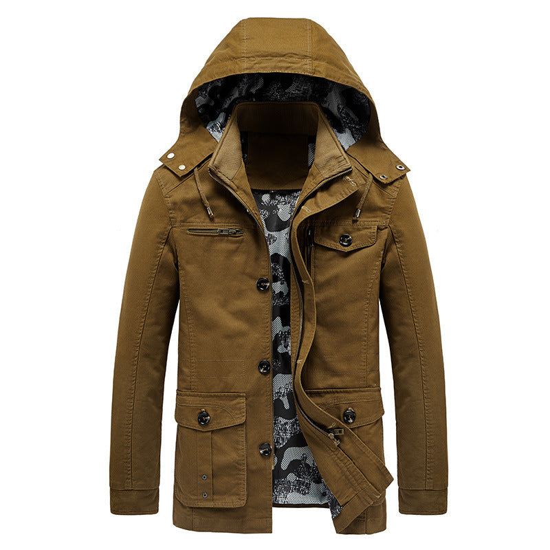 Men's Hooded Canvas Field Jacket with Camouflage Lining, Multifunctional Pockets and Zipper Button Placket Chichicherry