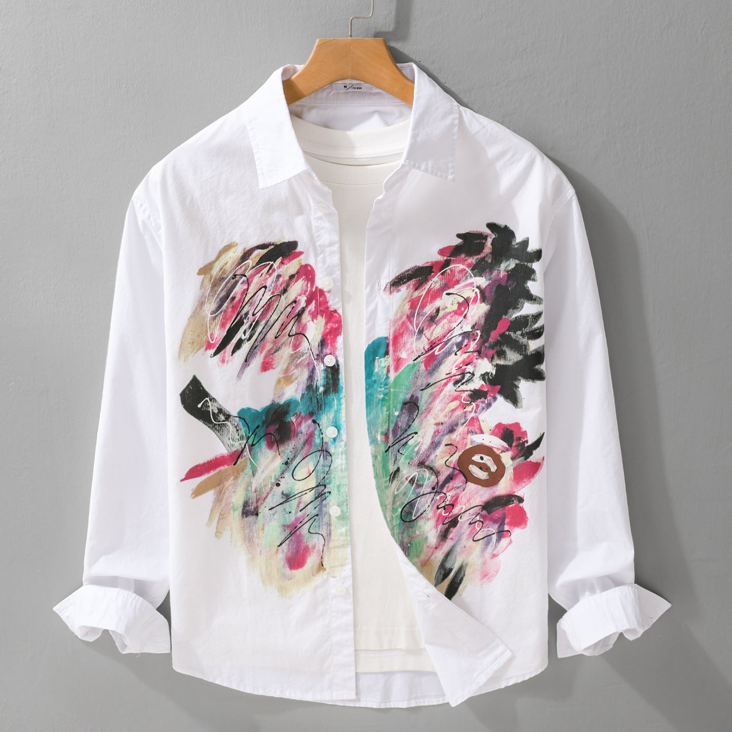 Women's long-sleeve shirt made of cotton poplin with artistic brush print and Kent collar Chichicherry