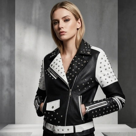Women Studded Contrasting Biker Jacket with Waist Belt Chichicherry