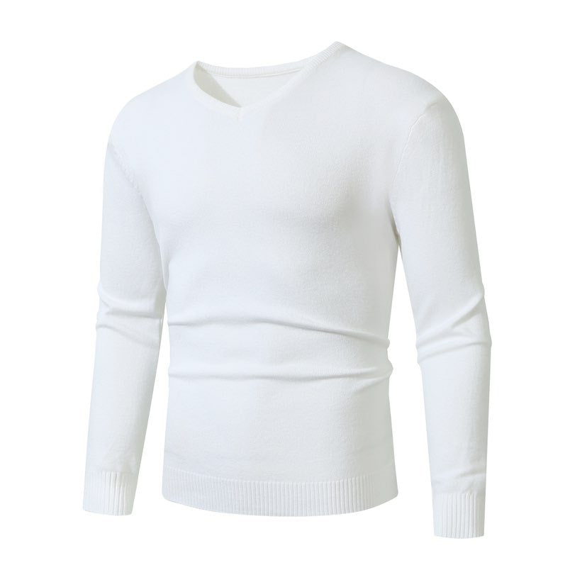 Men's Slim Fit Fine Knit V-Neck Sweater with Ribbed Cuff and Breathable Cotton Blend Chichicherry