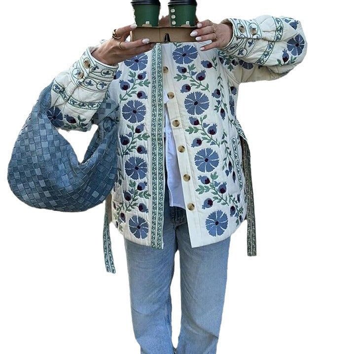 Women's cardigan with folk floral embroidery, button placket and loose fit Chichicherry