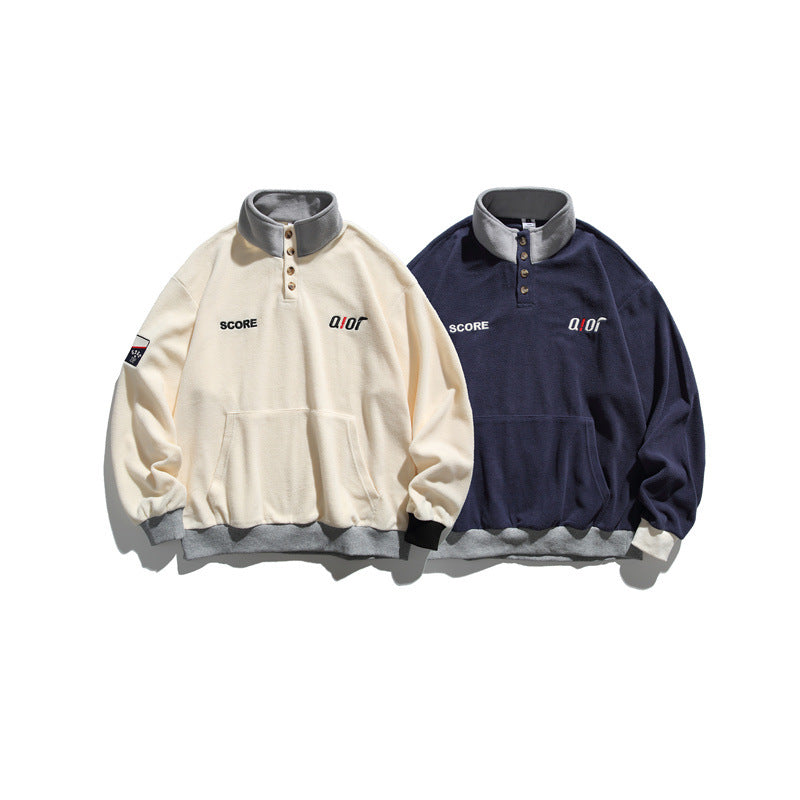 Unisex Fleece Half-Zip Pullover with Stand-Up Collar, Kangaroo Pocket and Contrast Cuffs Chichicherry