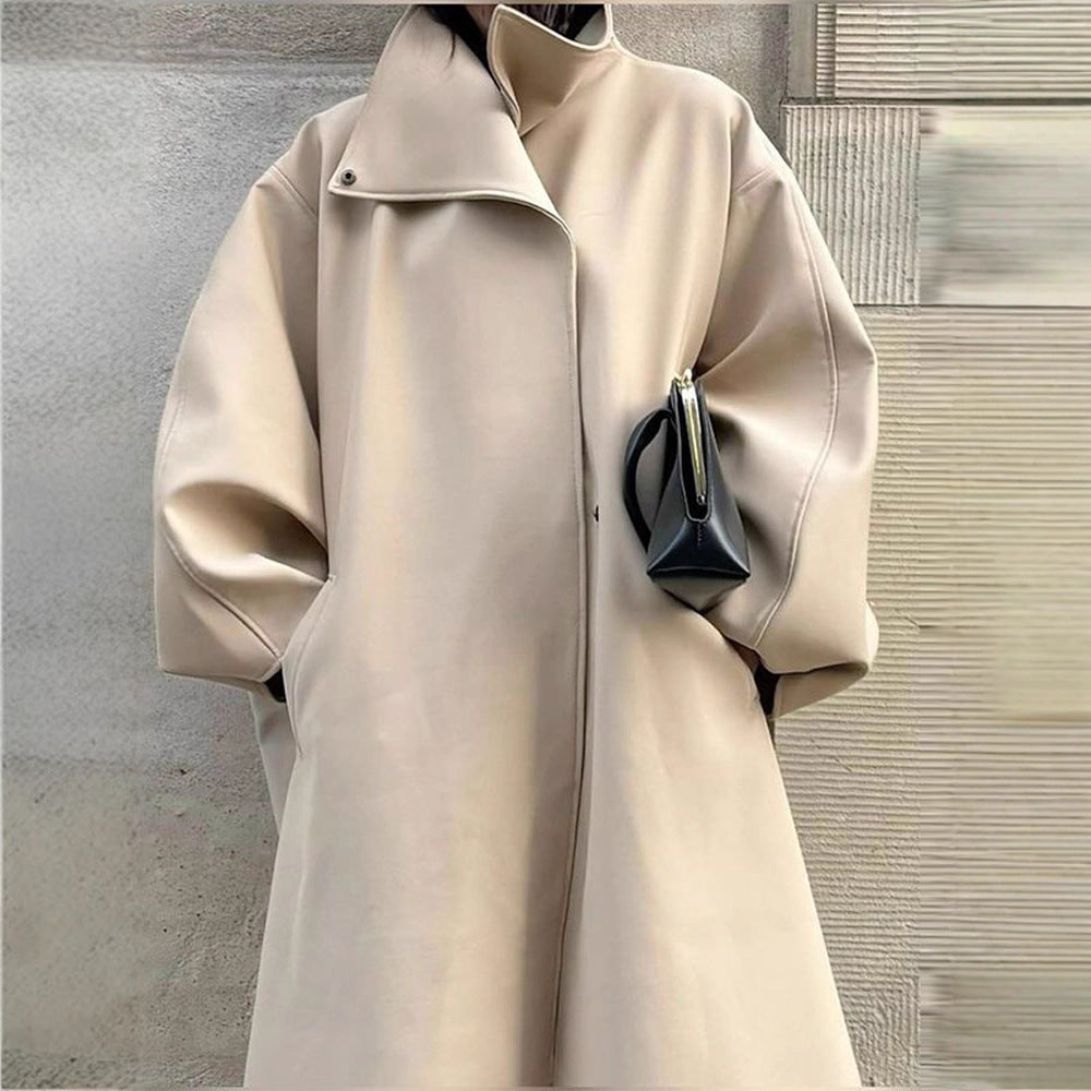 Ladies coat in minimalist midi cut with stand-up collar and concealed button placket Chichicherry