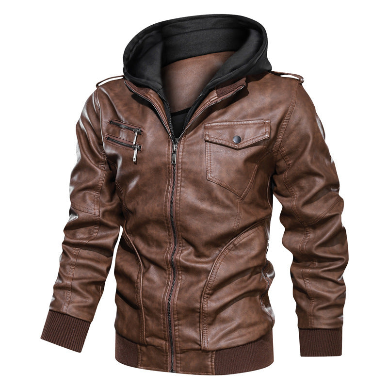 Men's Hooded Faux Leather Biker Jacket with Zipper, Chest Pockets and Ribbed Cuffs Chichicherry