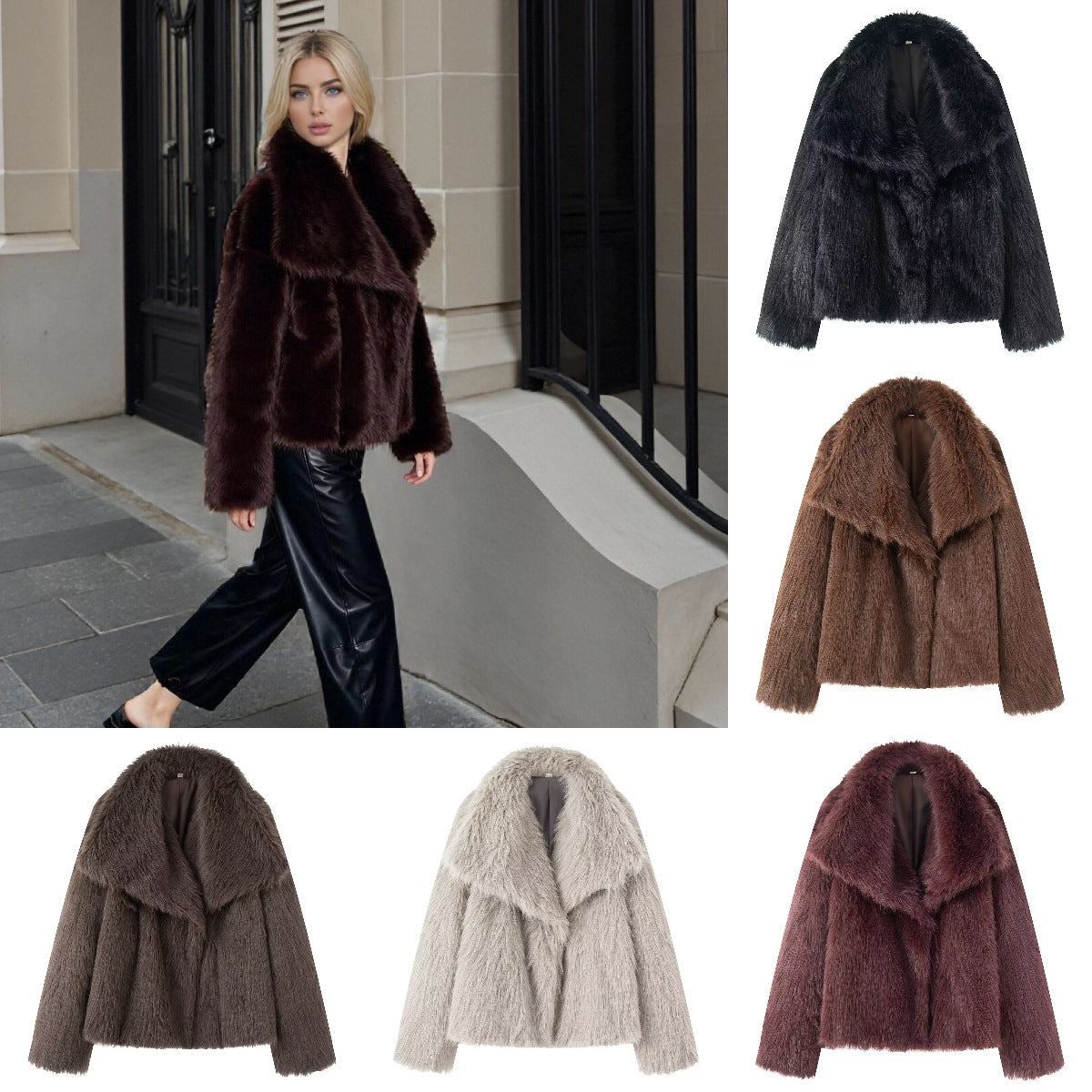 Women's Short Boxy Faux Fur Coat with Generous Shawl Collar and Soft Lining Chichicherry