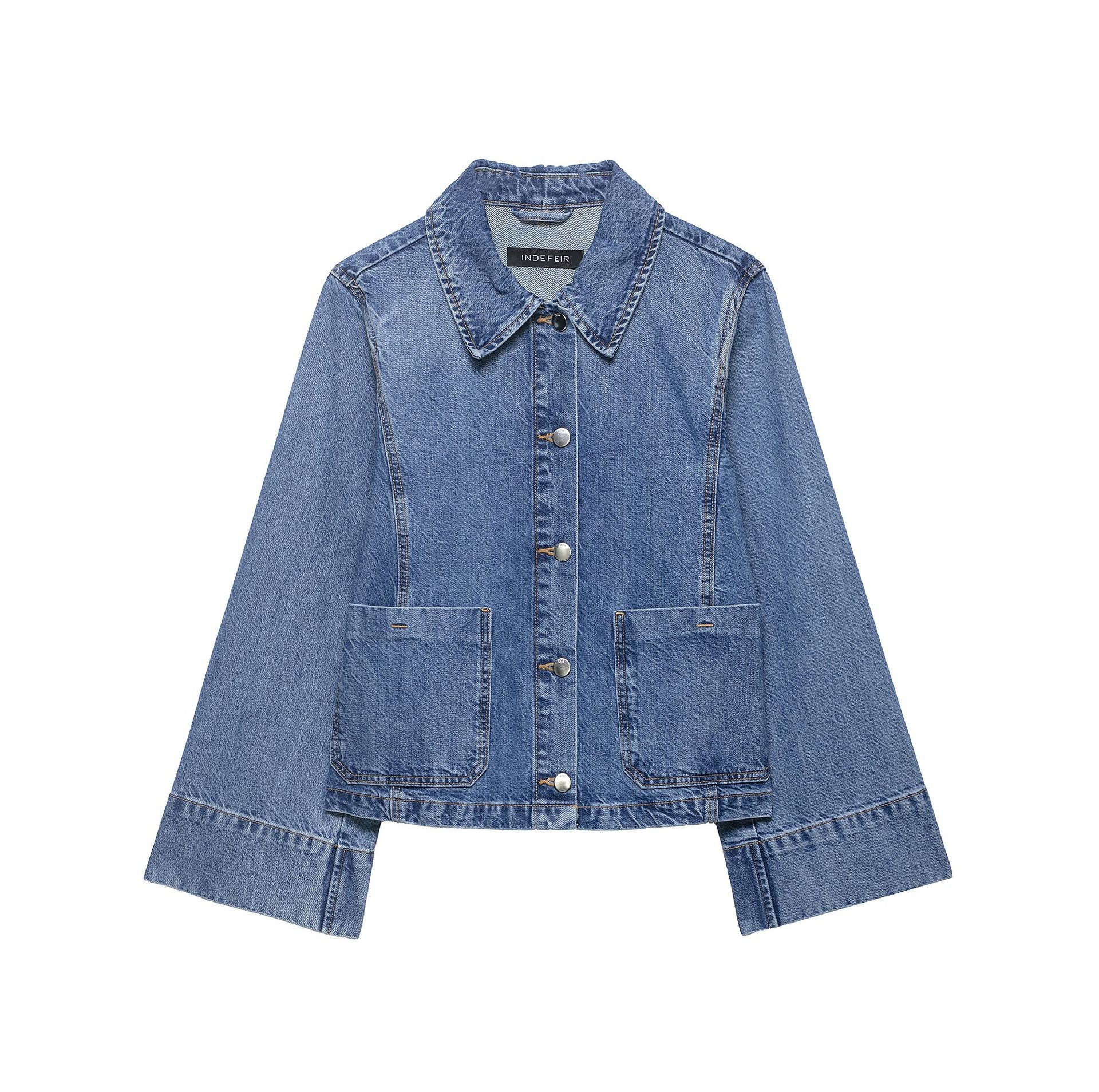 Women's Cropped Oversized Denim Jacket with Large Patch Pockets and Visible Button Placket Chichicherry
