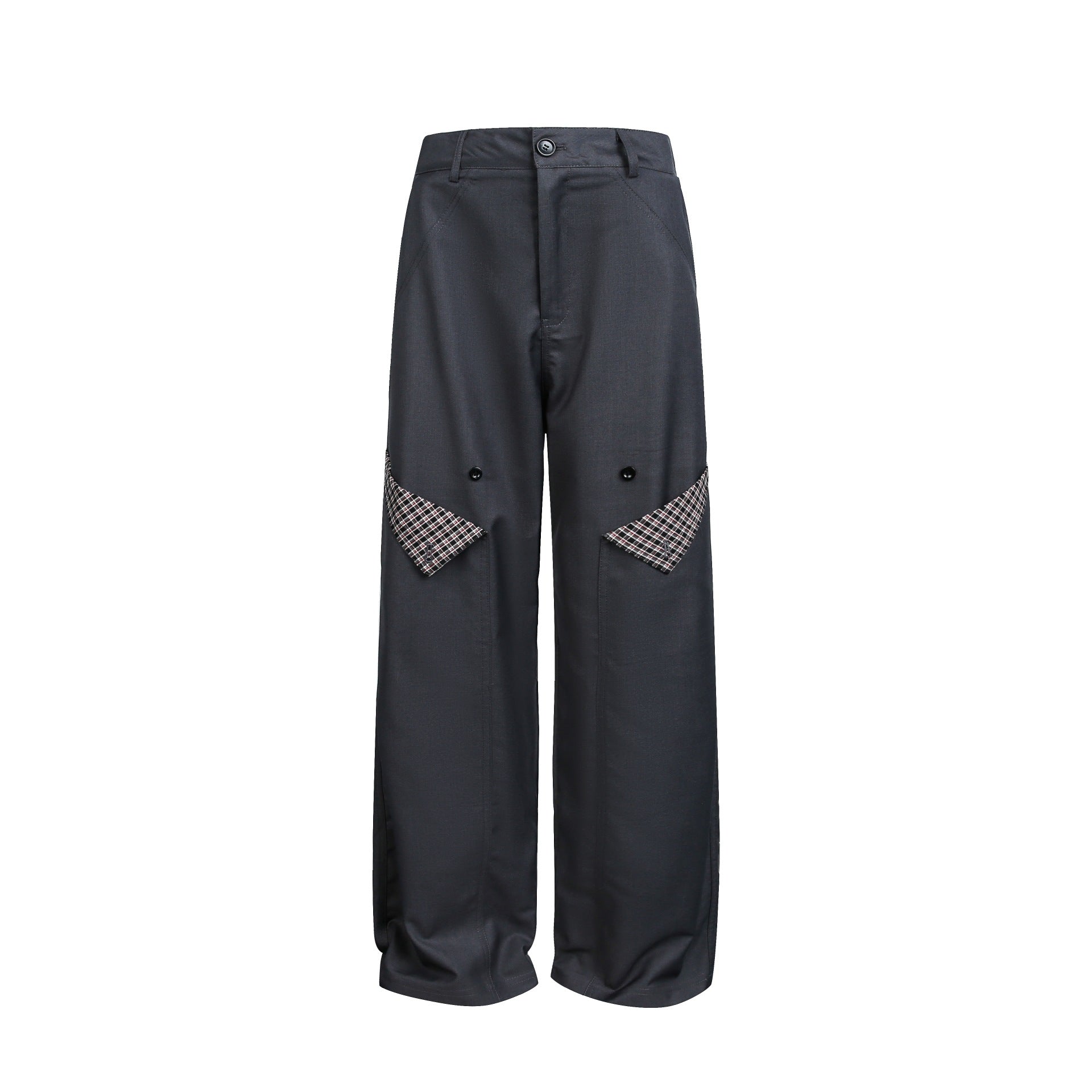Women's High-Cut Wide Cargo Pants with Checkered Pattern - Patch Pockets Chichicherry