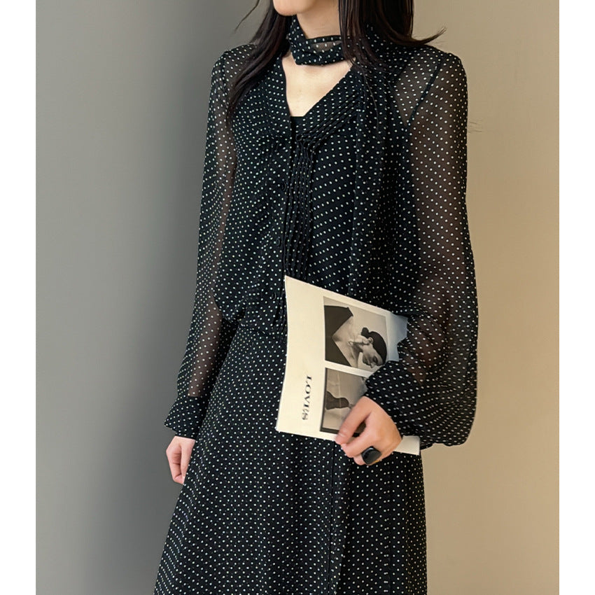 Women's chiffon blouse with bow collar, fine pintucks, and polka dot pattern Chichicherry