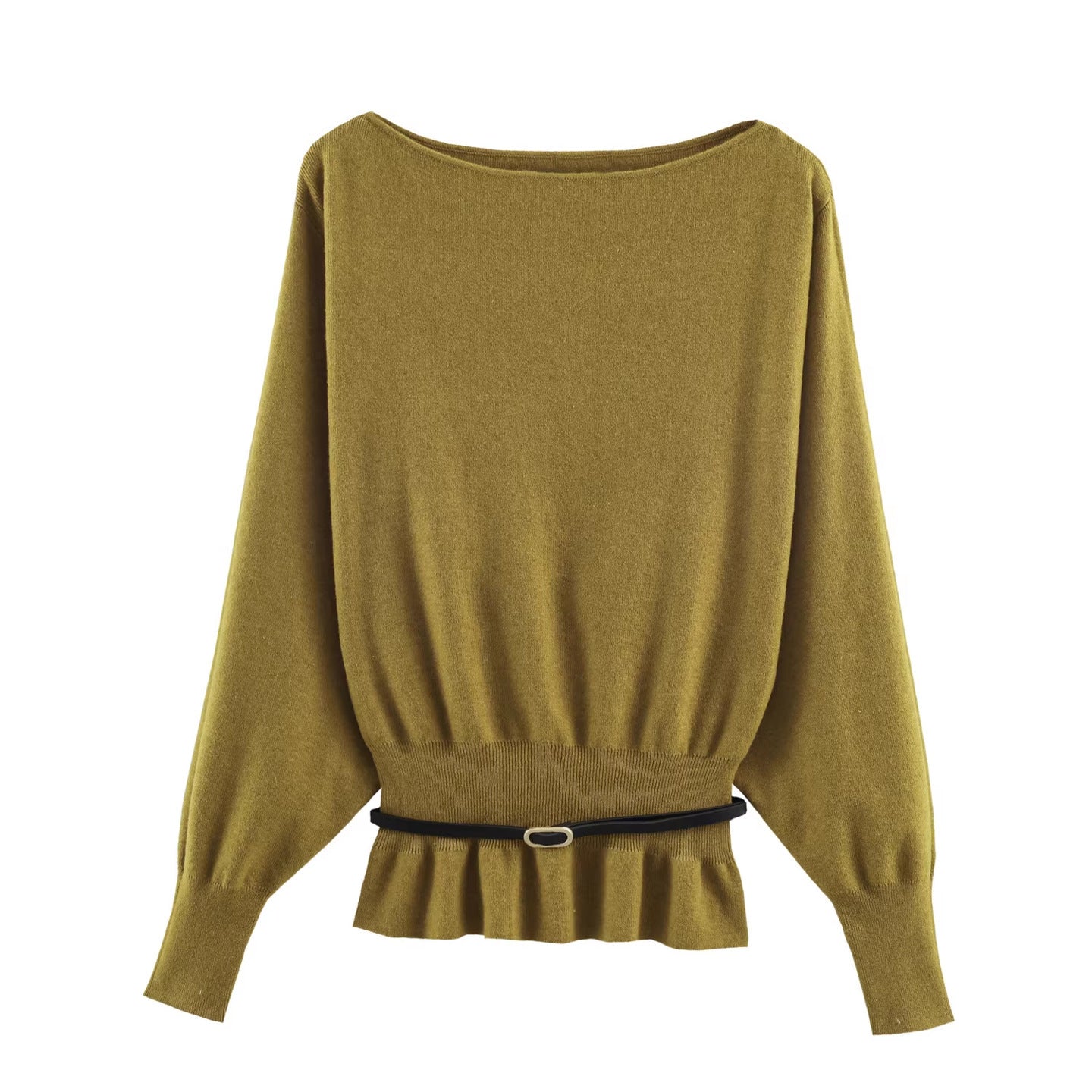 Women's Oversized Knit Sweater with Boat Neck, Batwing Sleeves, Gathered Ribbed Hem, and Waist Belt Chichicherry