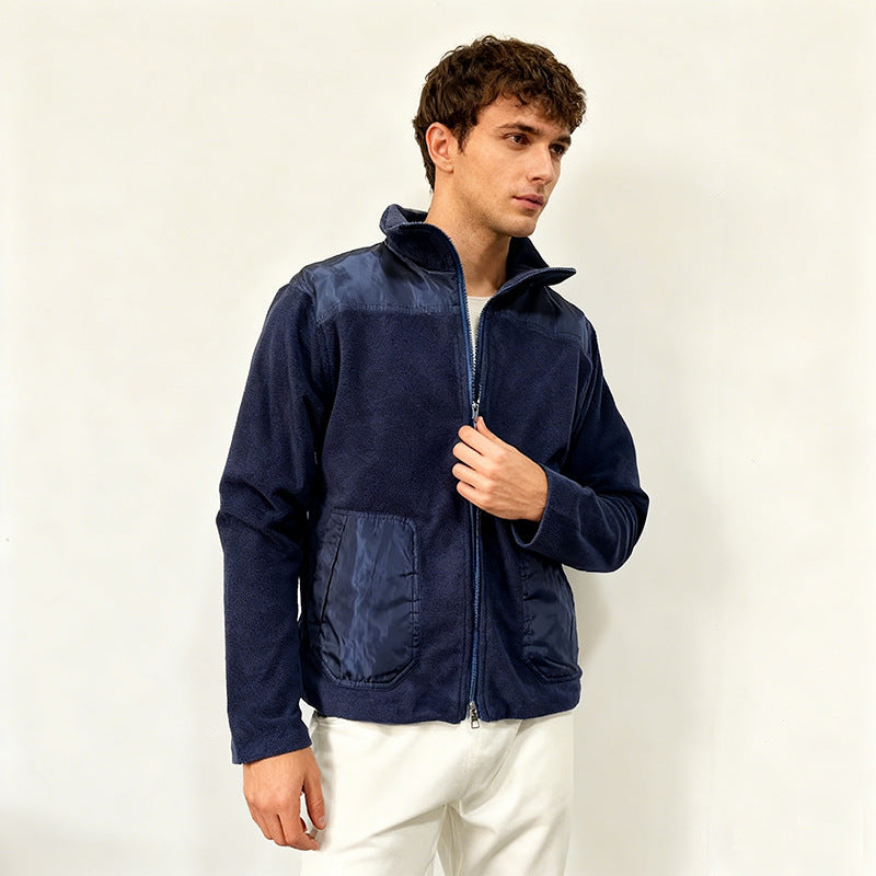 Men's fleece jacket with stand-up collar, two-material panel and zipper Chichicherry