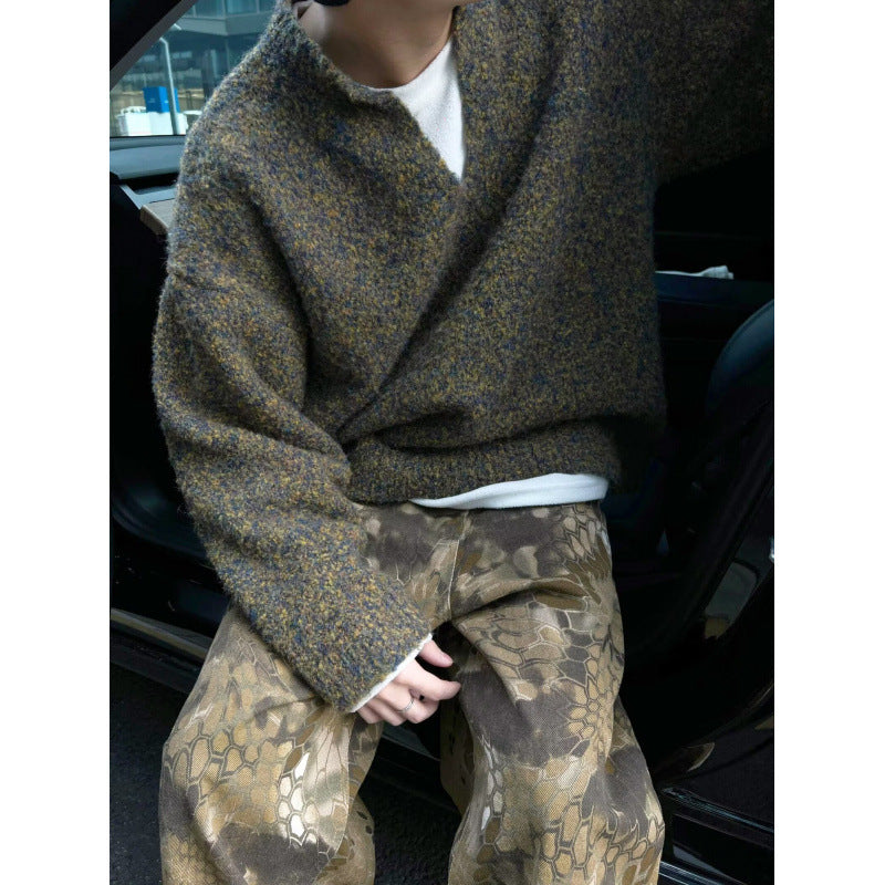 Herren Melangé Grobstrick-Pullover mit V-Schlitz und lockerem Oversize-Schnitt Chichicherry
