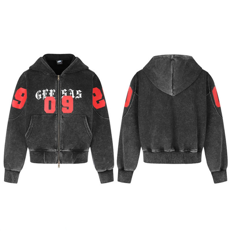 Women Short Cut Vintage Wash Hooded Zip Jacket with Gothic Print and Number Print Chichicherry