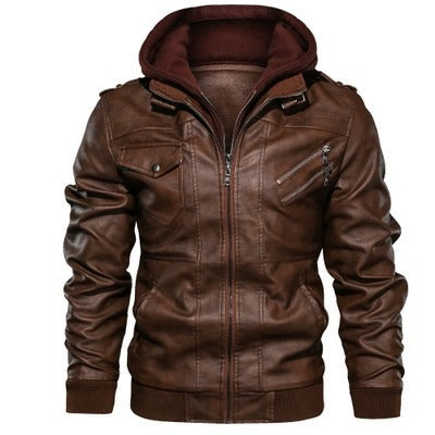 Men's faux leather flight jacket with integrated hood layer, zippered chest pocket, and ribbed cuffs Chichicherry