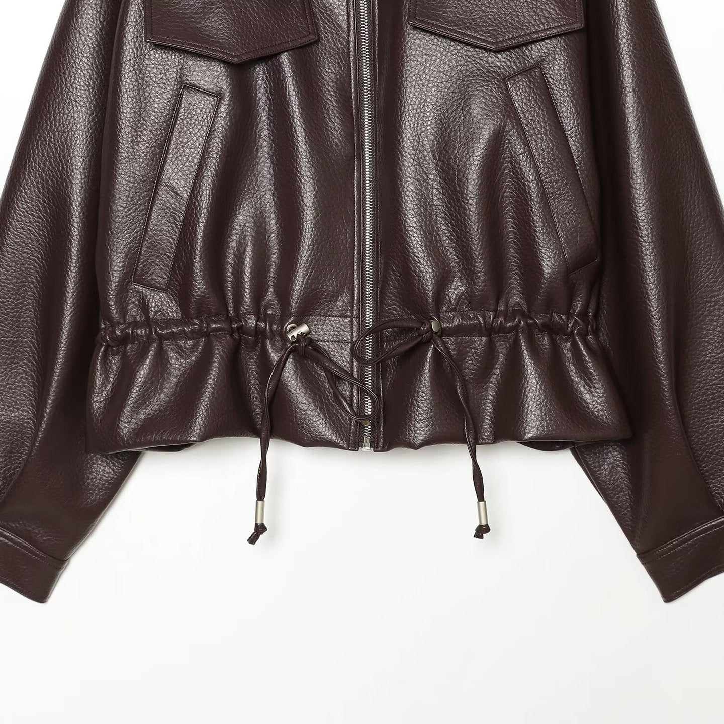 Women's Cropped Faux Leather Blouson with High Stand-up Collar, Flap Pockets and Drawstring