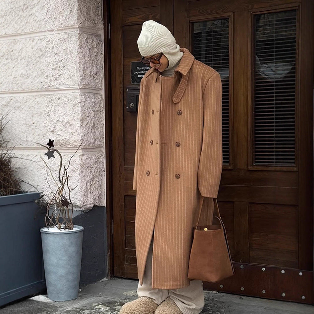Women Double-Breasted Oversized Wool Blend Coat with Pinstripes and Loose Fit Chichicherry