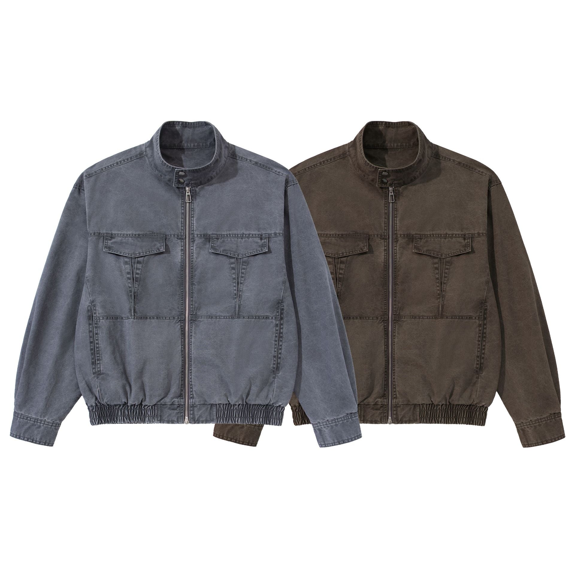 Men's short-cut utility jacket with high stand-up collar, zipper, and elastic hem Chichicherry