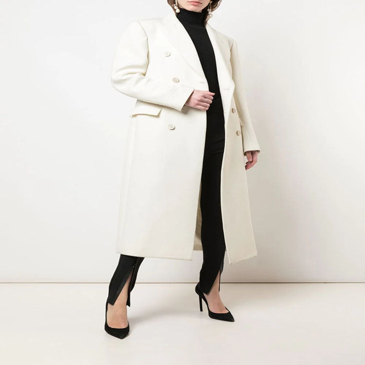 Women Slim fit double-breasted wool blend long coat with distinctive shoulder Chichicherry