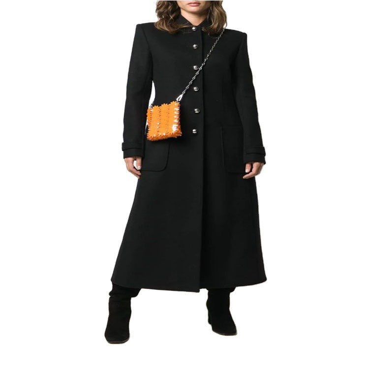 Women's Ankle-Length Tailored Wool Blend Coat with Stand-Up Collar and Decorative Button Placket Chichicherry
