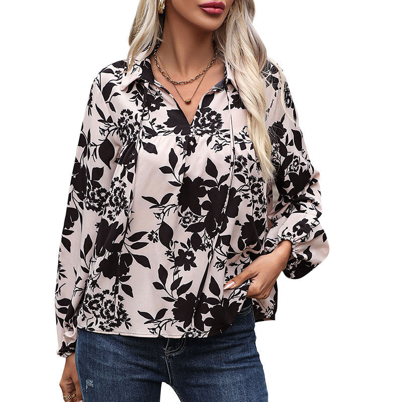 Women's Flowing Viscose Blouse with Floral Print, Ties Collar and Gathered Yoke