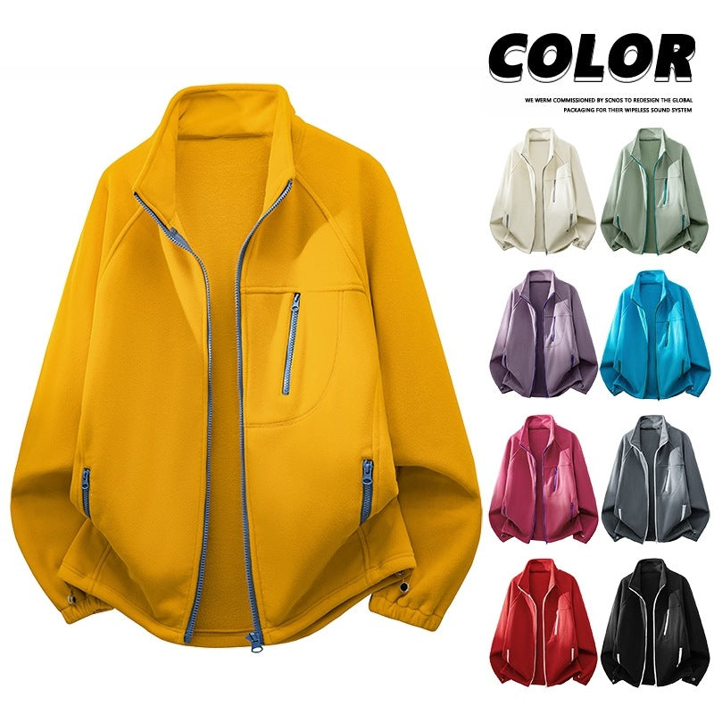 Unisex Lightweight Fleece Jacket with Stand-Up Collar, Raglan Sleeves and Multiple Zip Pockets Chichicherry