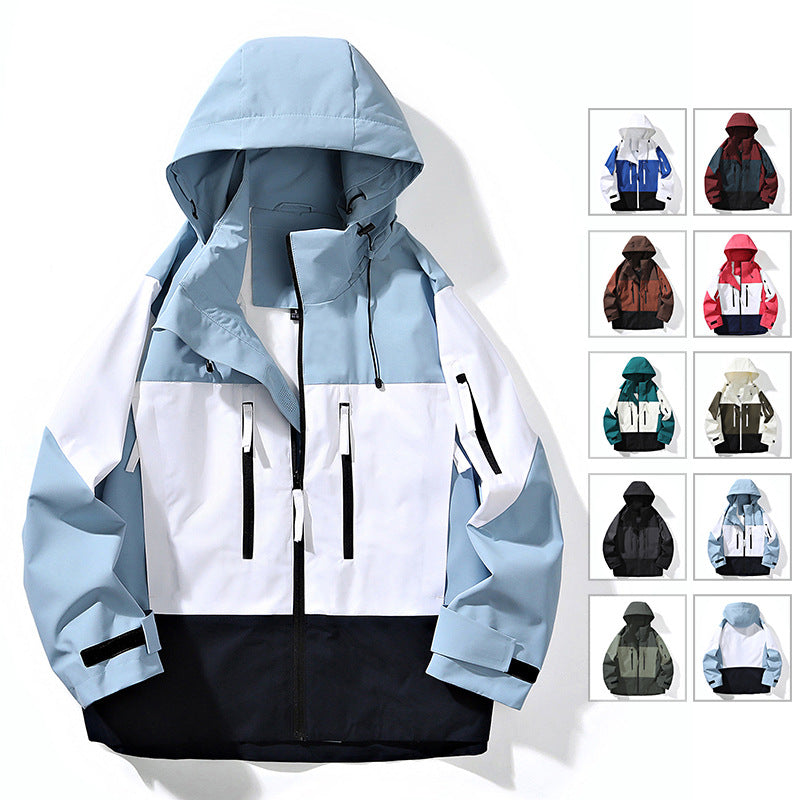 Men's Water-Repellent Colorblock Outdoor Jacket with Hood, Multiple Zipper Pockets and Adjustable Cuffs Chichicherry
