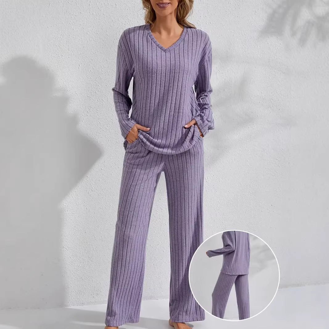 Women Two-Piece Ribbed Lounge Set with V-Neck and Wide Leg Chichicherry