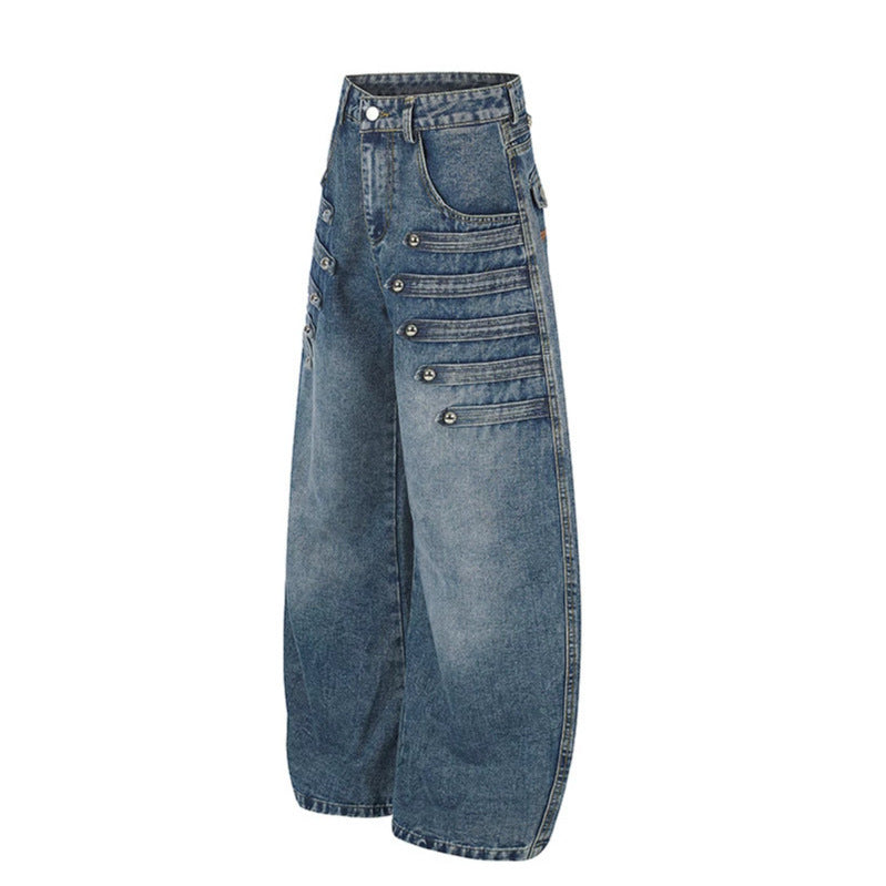 Women's Wide Denim Palazzo Jeans with Decorative Stitching and Decorative Button Details Chichicherry