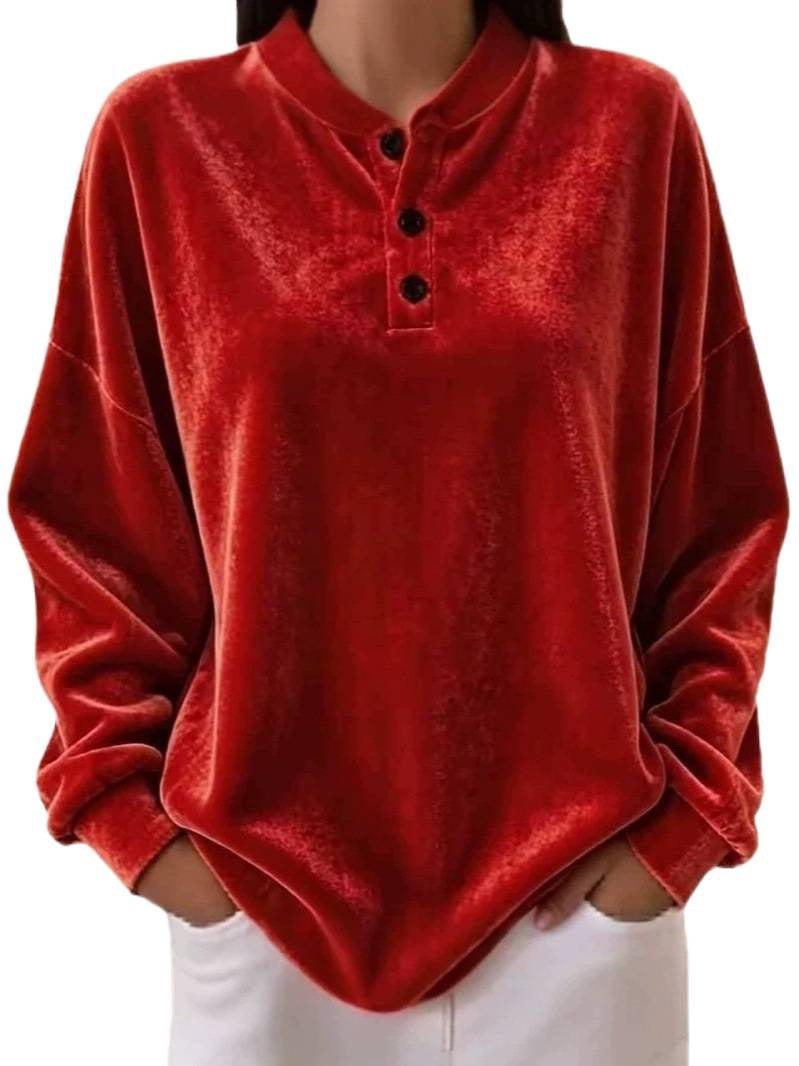 Women's Velvet Henley Sweatshirt oversized with Button Placket and Dropped Shoulder Chichicherry