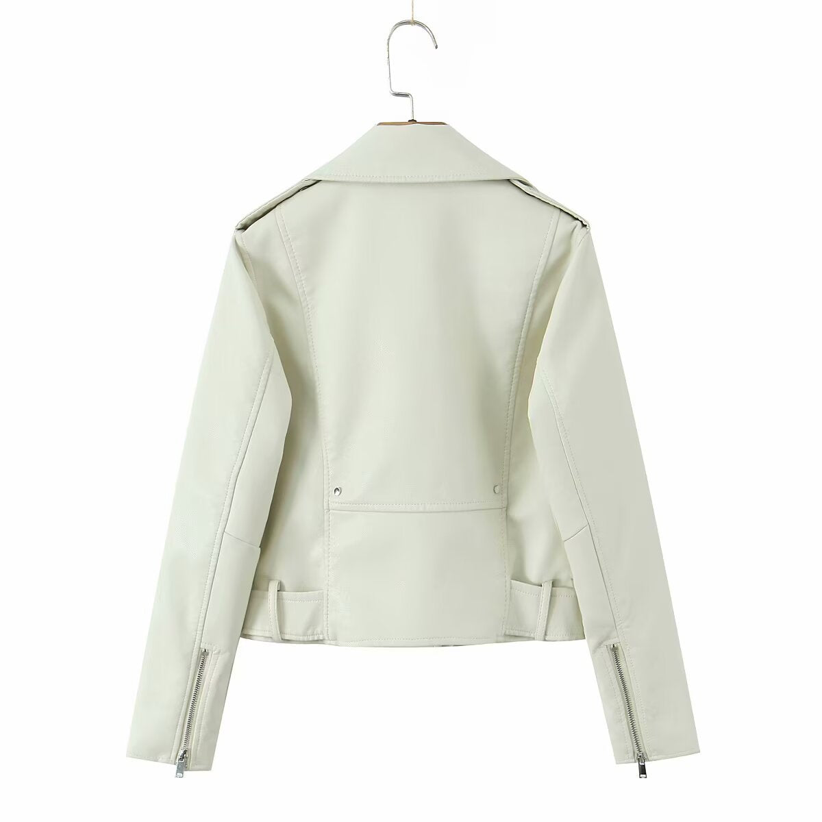 Women's robust fitted biker jacket made of faux leather with asymmetrical zipper and waist belt Chichicherry