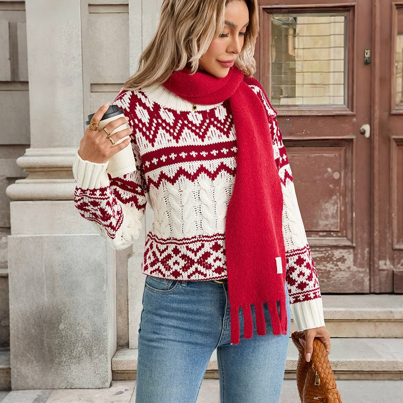 Women’s Patterned Norwegian Sweater with Cable Knit and Ribbed Cuffs Chichicherry