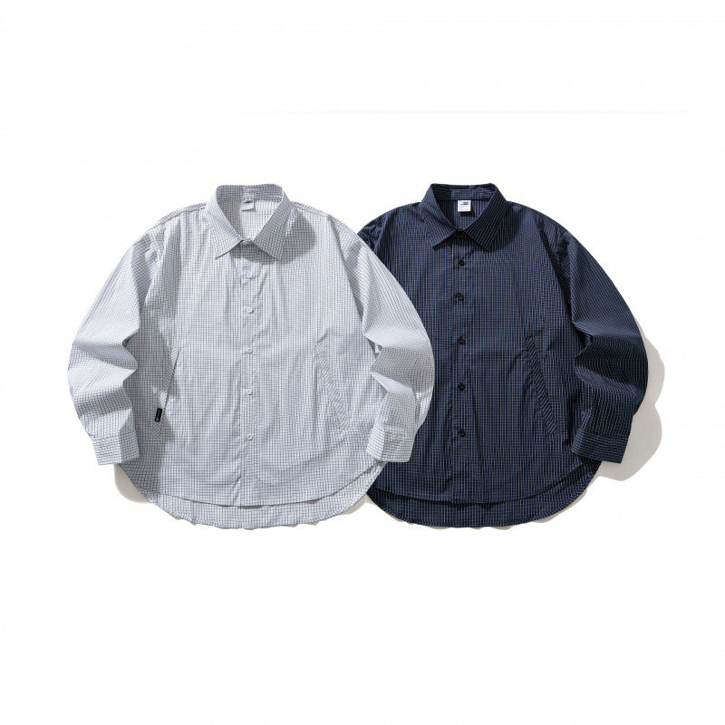 Unisex Lightweight Checked Overshirt with Shirt Collar, Side Pockets, and Curved Hem Chichicherry