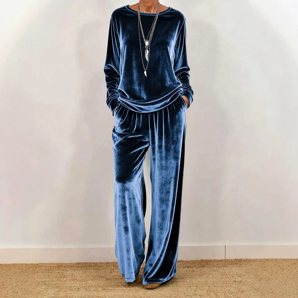 Women's Velvet Lounge Set with Wide Leg and Round Neckline Chichicherry