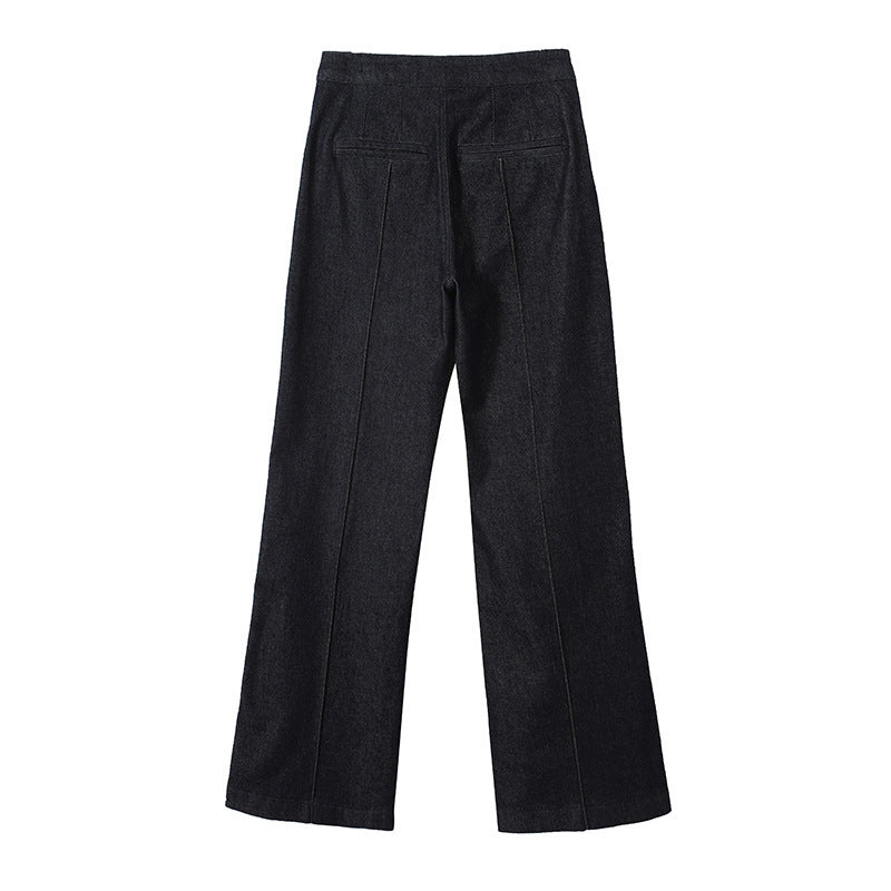 Women's High-Waist Wide Denim Trousers with Continuous Center Seam and Sewn-On Pockets Chichicherry