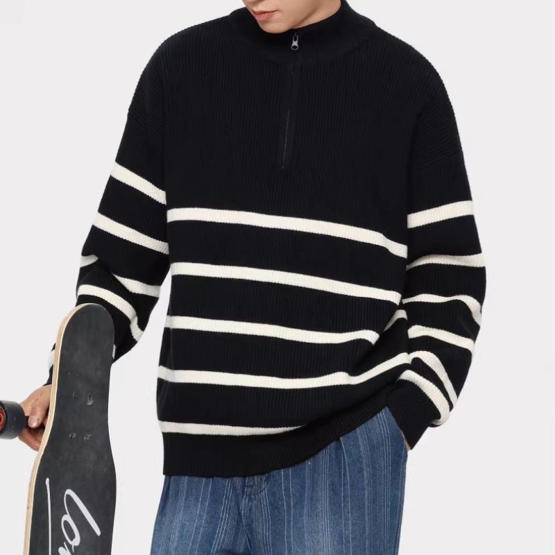 Unisex Oversize Strickpullover mit halbem Reißverschluss, maritimen Kontraststreifen und strukturierter Rippoptik Chichicherry