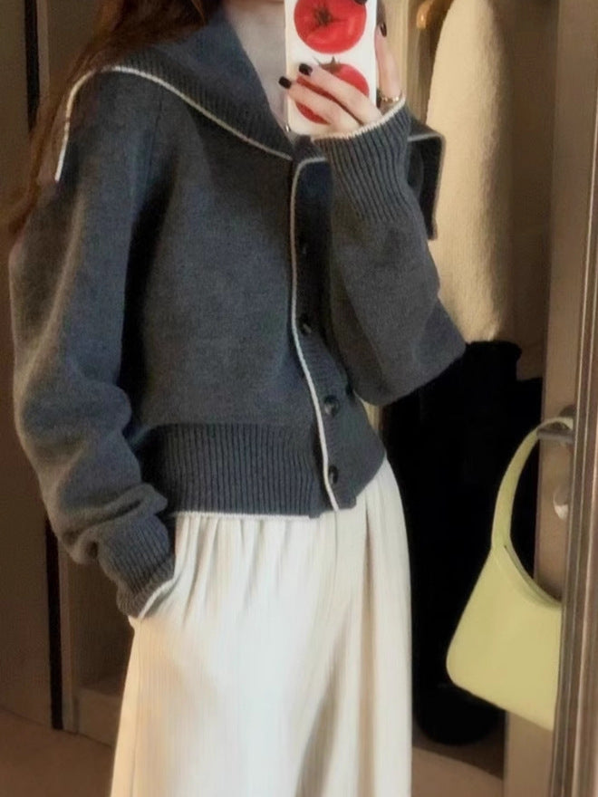 Women's knitted cardigan with oversized sailor collar and contrast edge Chichicherry