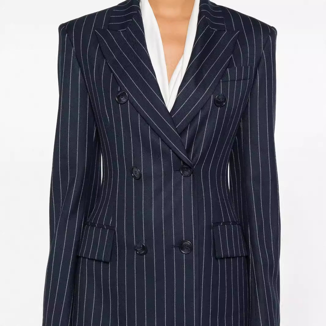 Women's Pinstripe Double-Breasted Blazer with High-Waist Flared Pants Chichicherry