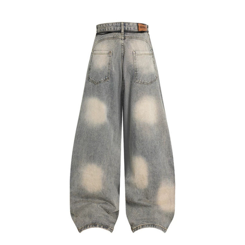 Women's extra wide distressed jeans in baggy cut with tie-dye wash and scarf belt Chichicherry