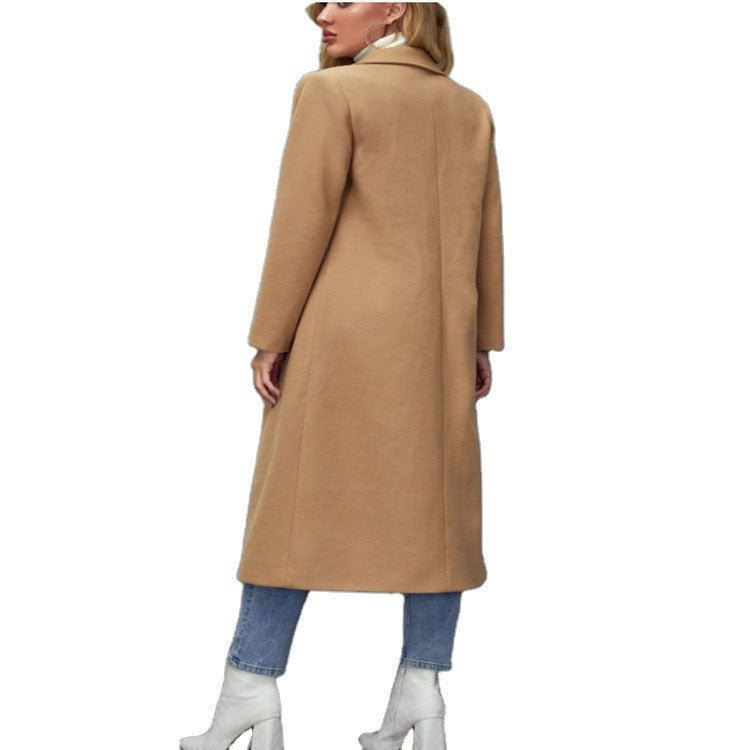 Women Maxilength Wool Blend Classic Coat with Minimalist Waist and Hidden Button Placket Chichicherry