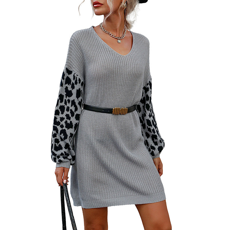 Women's Oversize Knit Dress with Off-the-Shoulder Neckline and Leopard Jacquard Sleeves Chichicherry