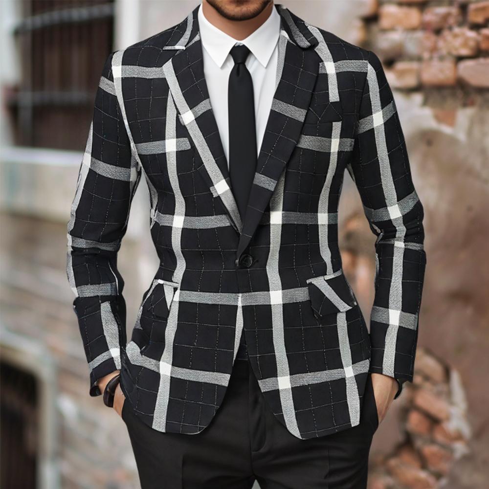 Men's Tailored Check Pattern Blazer with One Button and Shawl Collar Chichicherry