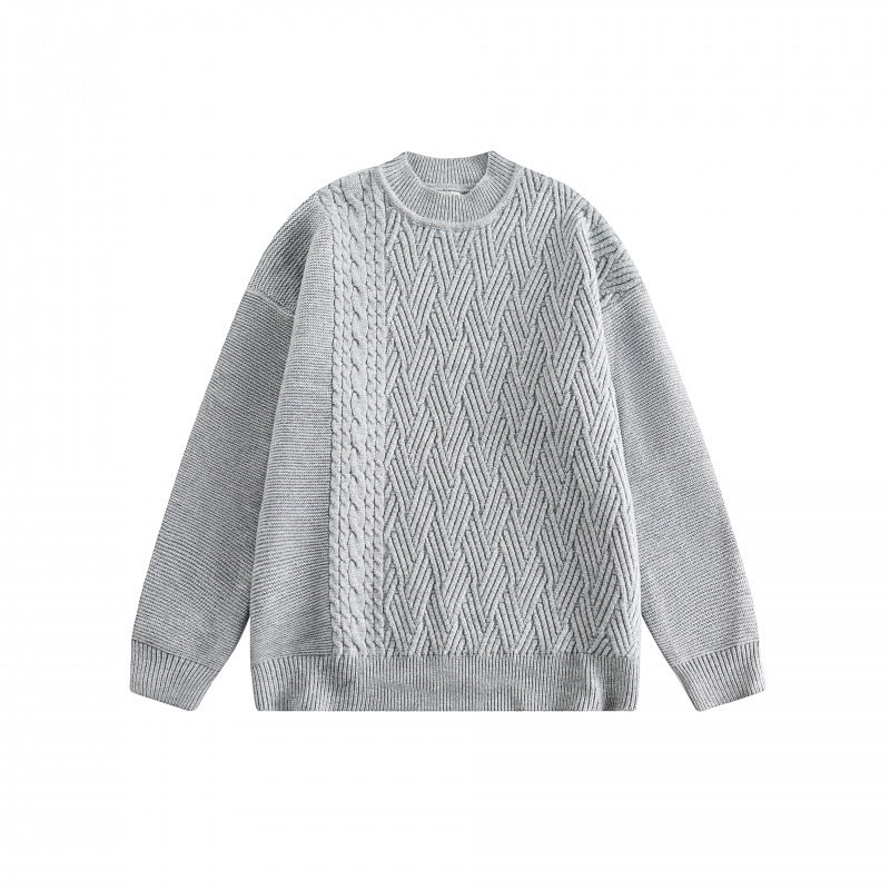 Unisex Oversize Knit Sweater with Asymmetrical Cable Pattern and Round Neckline Chichicherry