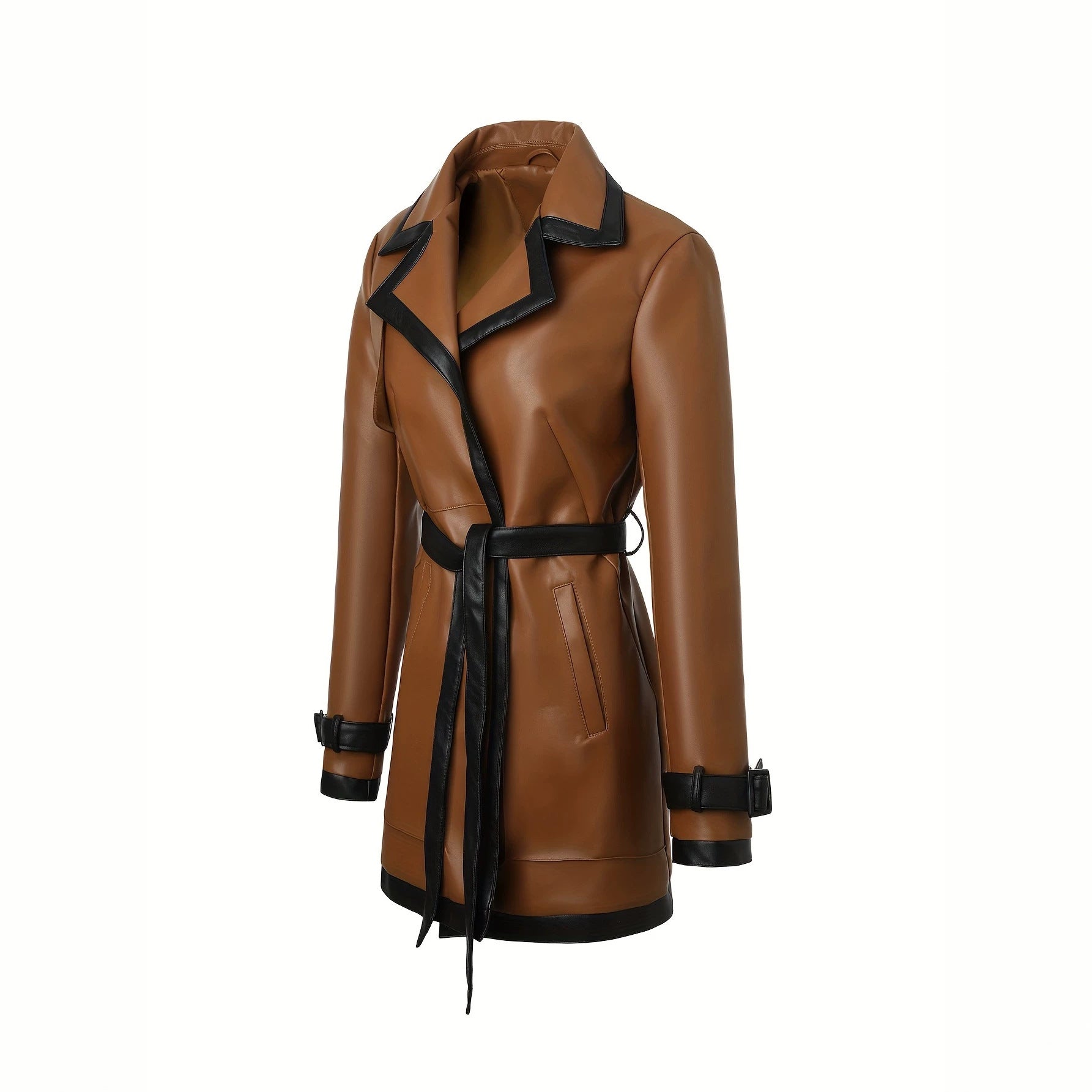 Women's fitted faux leather trench coat with contrast trim and tie belt Chichicherry