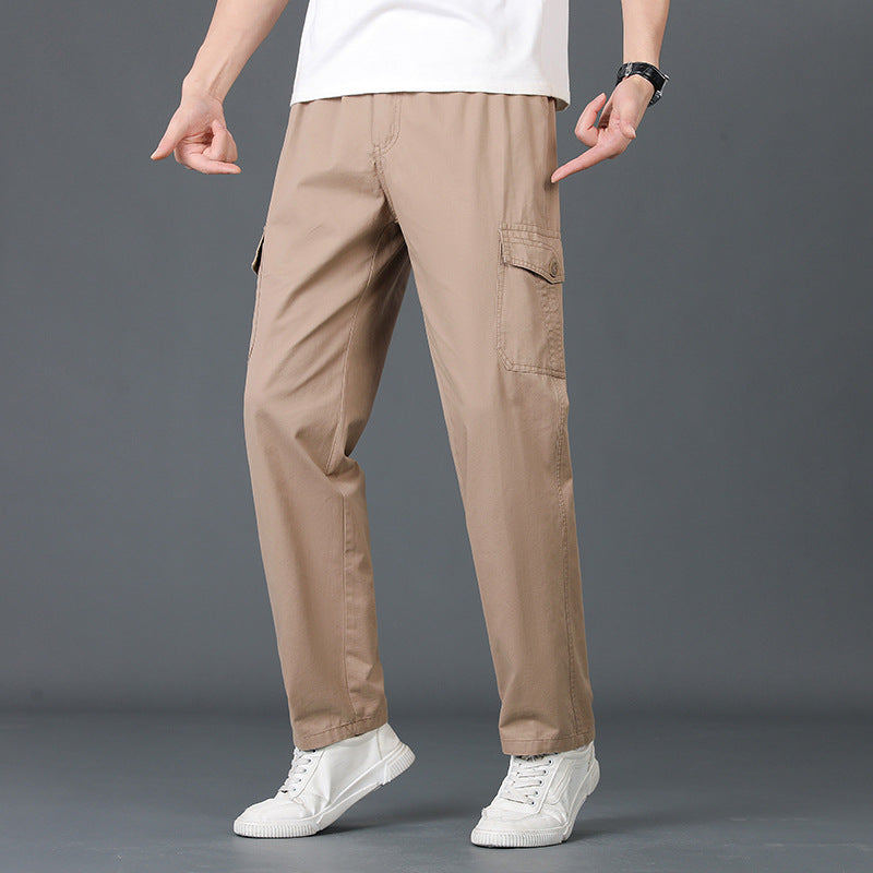 Men's Lightweight Cotton Utility Cargo Pants with Elastic Waistband and Straight Leg Chichicherry