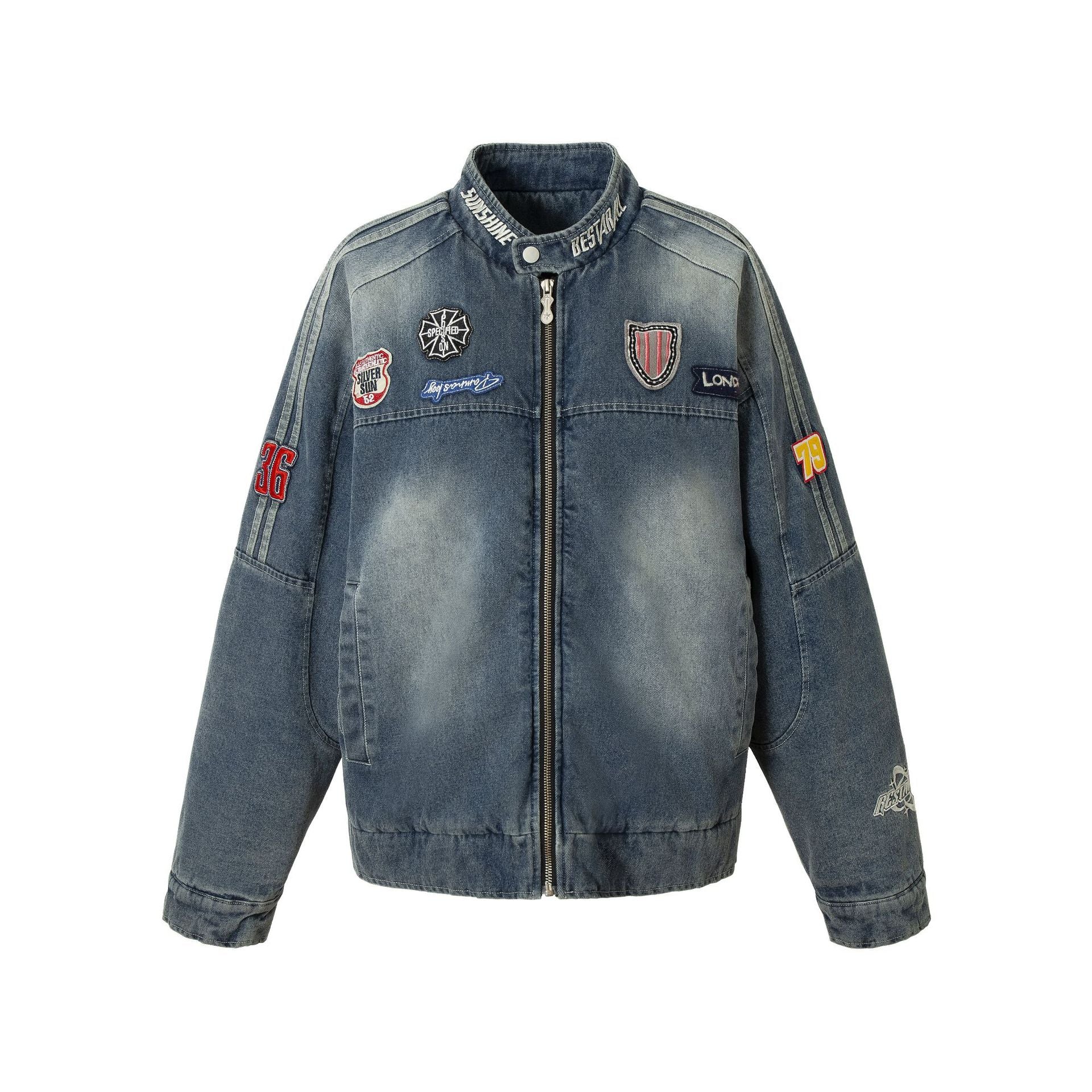 Men's jeans bomber jacket with vintage wash, patch detail and stand-up collar Chichicherry