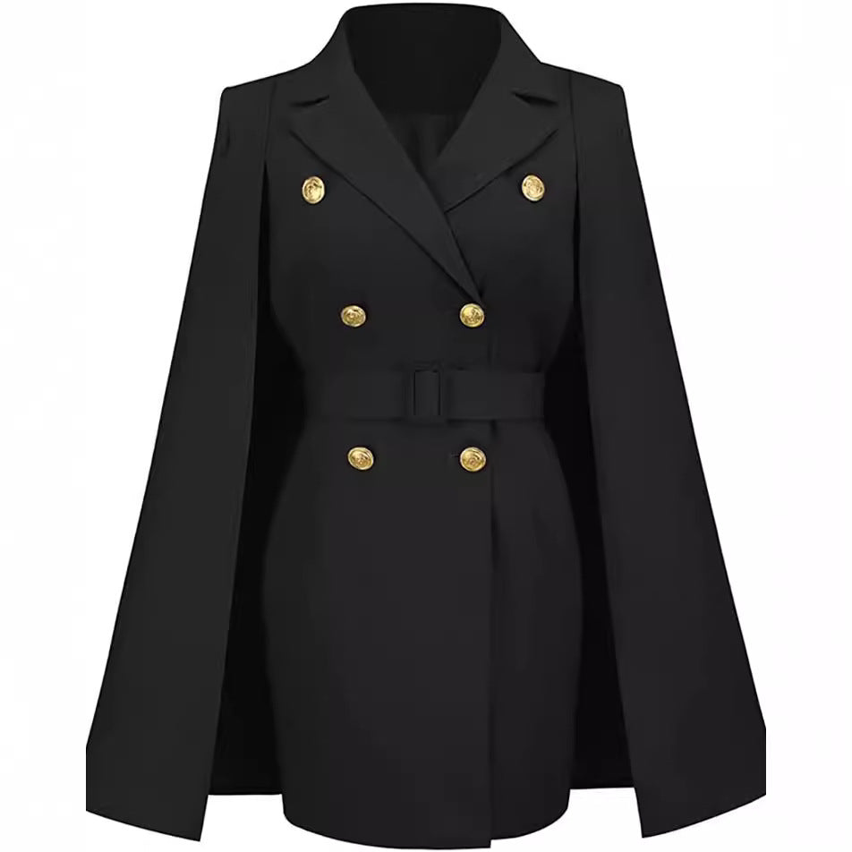 Women's short blazer dress with cape sleeves and double-breasted decorative button placket Chichicherry
