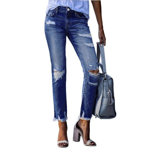 Ladies ankle-length straight-cut destroyed jeans with high waist and frayed hem Chichicherry