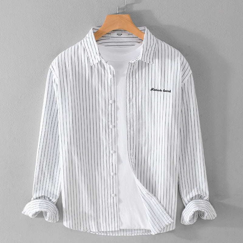 Men's pinstripe layered shirt in overshirt style with subtle chest embroidery Chichicherry